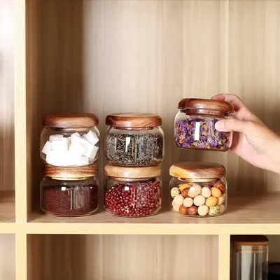 6pieces Glass Jars Set, Spice Jars with Bamboo Lids, Clear Glass Food Storage Containers, Kitchen Canisters Set