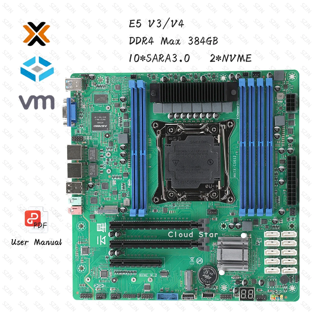 XEON Nas Motherboard Kit 10 SATA mit E5 V3/V4 DDR4 2400 MHz Unterstützung Turbo PCIE Split für NAS Router Sever 2x2,5 GbE I226 24*24 cm Image