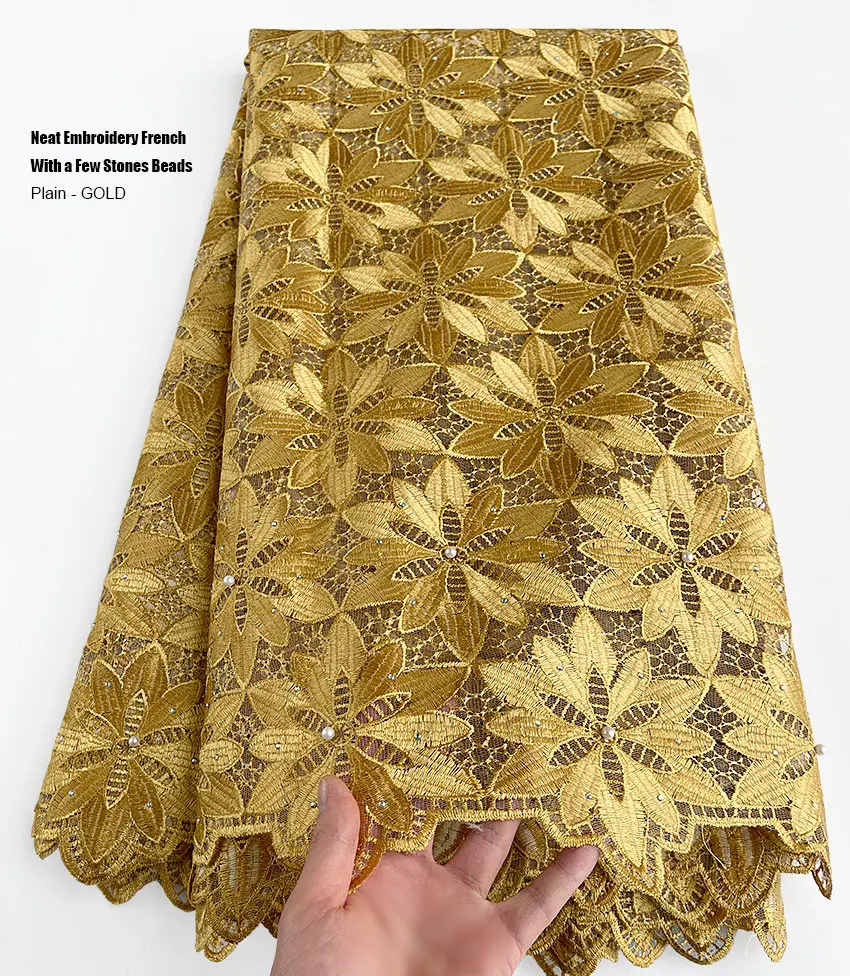 GOLD Französische Spitze für Männer und Frauen, hochwertig besticktes afrikanisches Paar, Tüll-Mesh-Gewebe, traditionelles Kleidungsstück, Schweizer Kleid Image