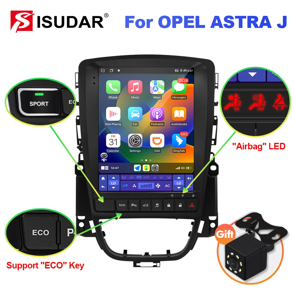 Isudar android 12 autoradio für opel astra j verano vauxhall 2013-2016 multimedia player 2 din tesla style gps carplay stereo Image