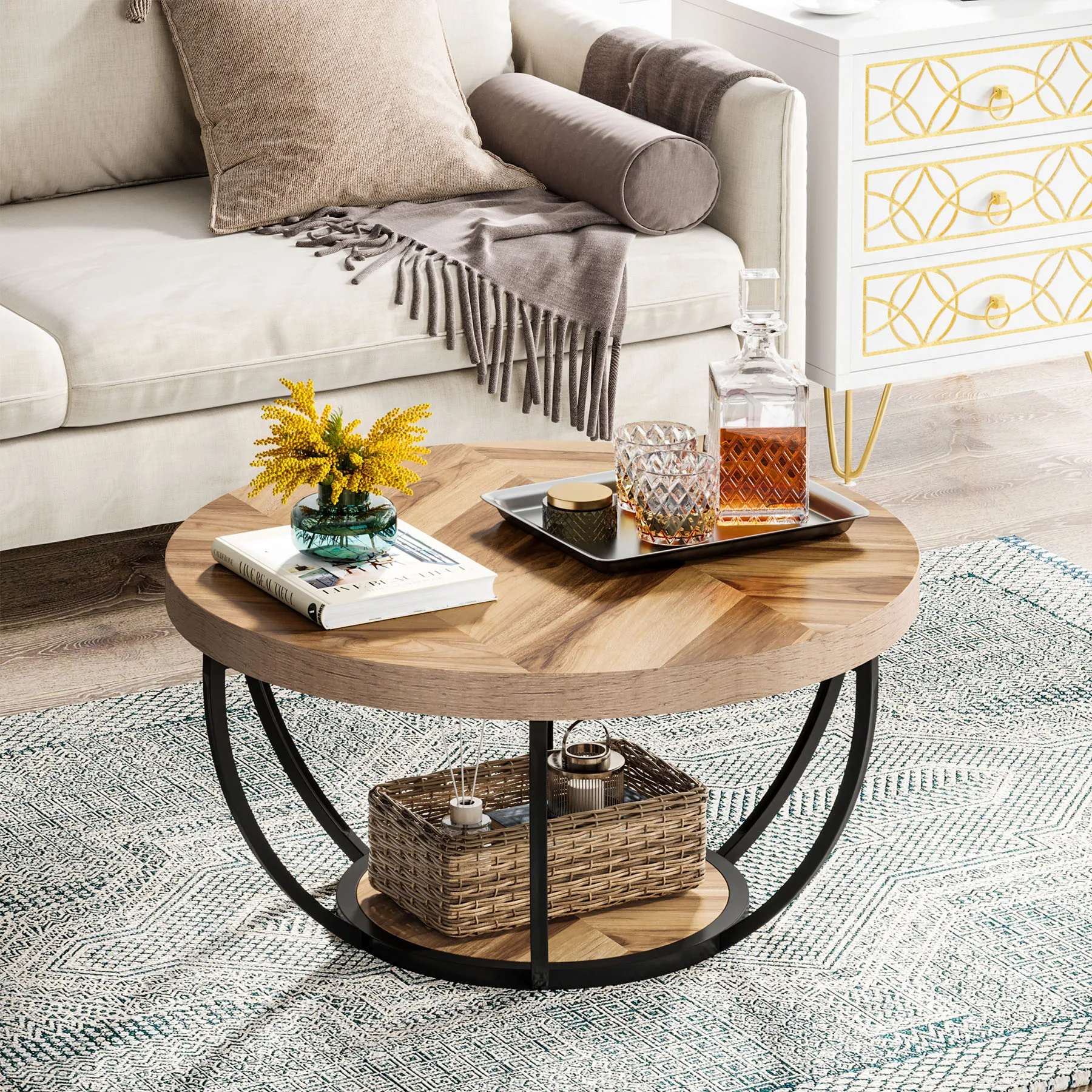 Tribesigns 31,7" runder Couchtisch, industrieller 2-stöckiger runder Couchtisch mit Ablageflächen, moderner Sofa-Beistelltisch aus Holz Image