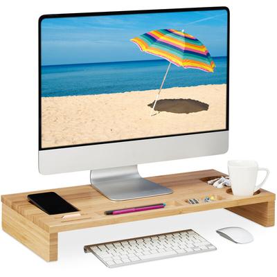Relaxdays - Monitorständer Bambus, 7 Fächer, Bildschirmerhöhung Schreibtisch, Monitor Unterbau, Image