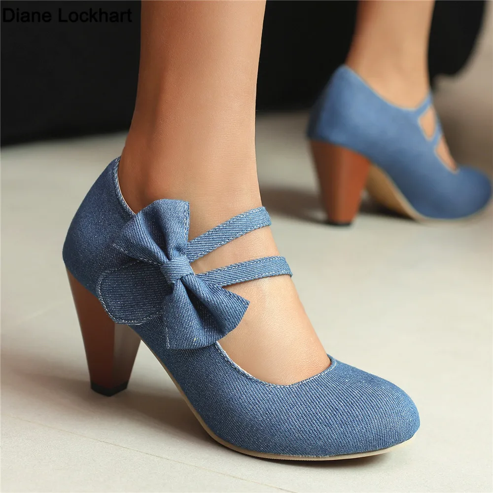 Frühling Frauen Denim High Heels Ankle Strap Mary Jane Pumps Party Hochzeit Cosplay Schwarz Blau Schleife Prinzessin Lolita Schuhe Größe 31-46