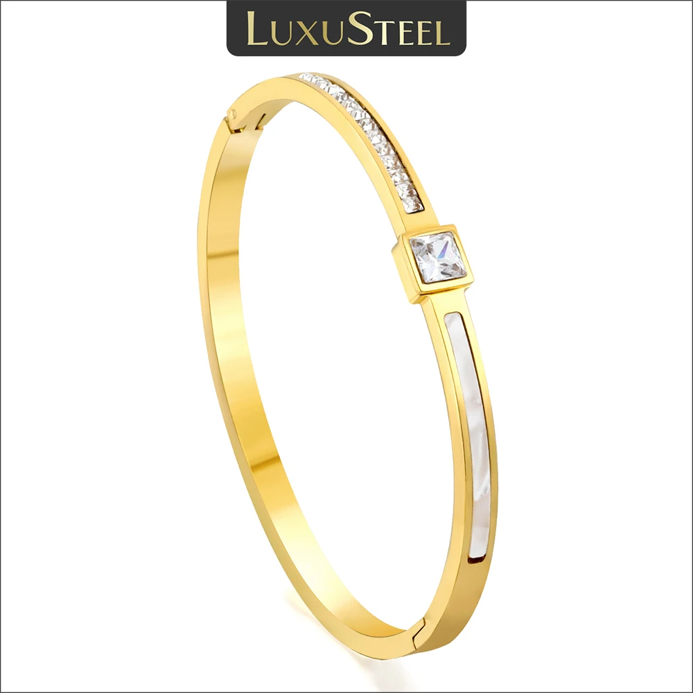 Luxus Stahl trend ige Zirkon Shell Manschette Armreifen für Frauen Edelstahl Armbänder weißen Strass Luxus Schmuck Image