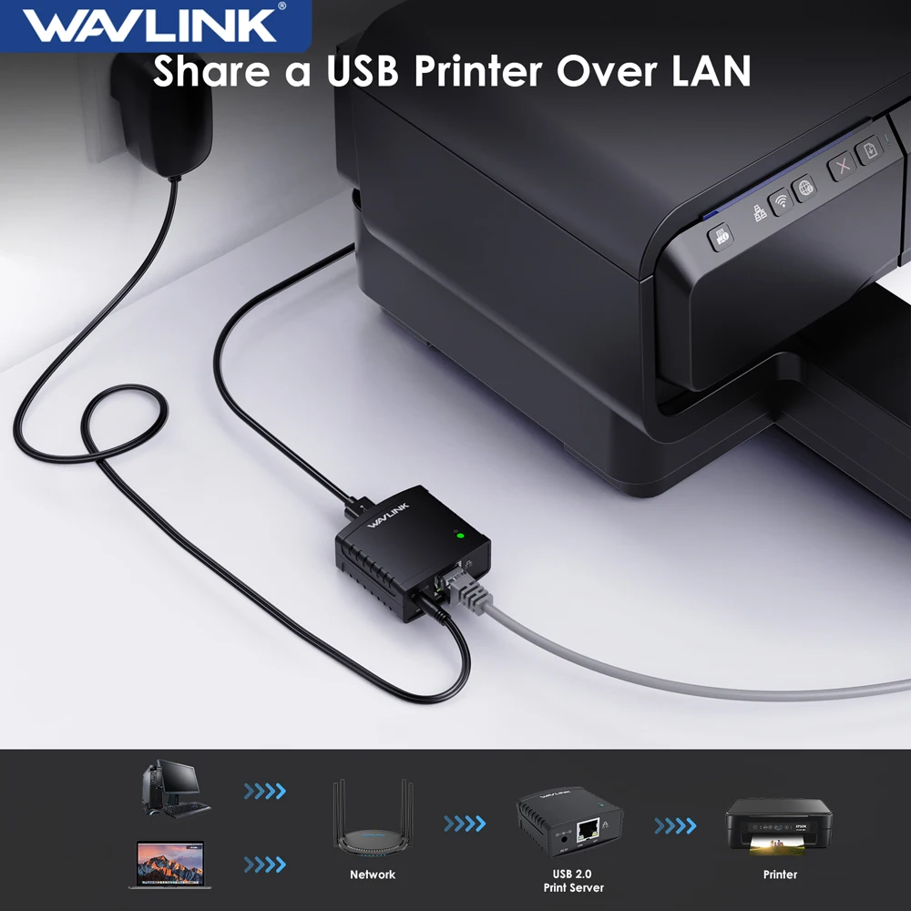 Wavlink 10/100mbps Ethernet zu USB 2,0 Netzwerk lpr Drucks erver lrp mft drucken Ethernet Port Sharing LAN Netzwerk drucker Adapter Image