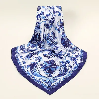 Chinese Style Blue And White Porcelain 90 Square Scarf Digital Floral Printed Handkerchief Muslim