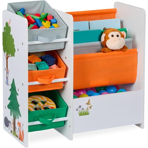 Kinderregal mit 3 Boxen, 4 Taschen, 1 Fach, Spielzeugregal Kinderzimmer, hbt: 64x64x30 cm,