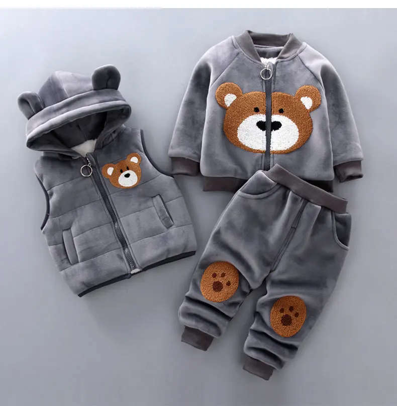 Kinder kleidung Anzug Junge Mädchen Baby Herbst Winter neu plus Samt Verdickung Cartoon Bär Kapuze dreiteilige Baby Suit0-4 y Image