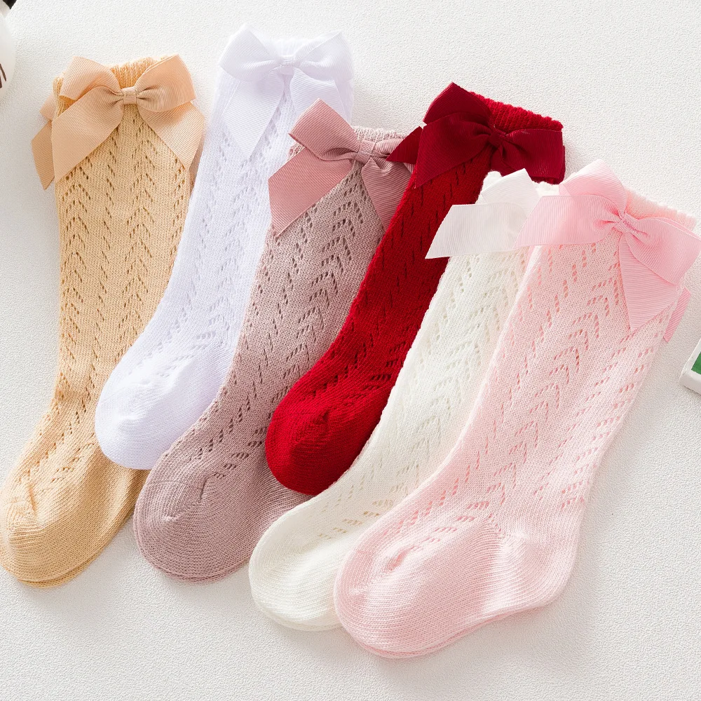 Sommer Baby Mädchen Socken Kleinkinder Bogen lange Socken Kinder kniehohe weiche Baumwolle Mesh spanische Kinder atmungsaktive Socken für 0-5 Jahre Image