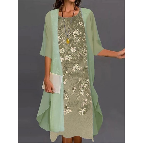 Damen Kleid-Set Freizeitkleid Druckkleid Mode Modern Blumen Druck Midikleid Dreiviertelarm Rundhalsausschnitt Outdoor Date Blau Purpur Grün Herbst Lässiger Schnitt Image