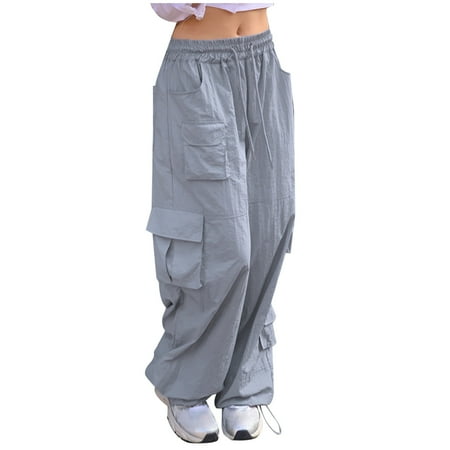 RYRJJ Baggy Parachute Pants for Women Drawstring Elastic Low Waist Ruched Cargo Pants Multiple Pockets Jogger Y2K Streetwear Pants(Gray M)
