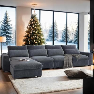 Stylish & Simple Large L-Shape Feather Filled Sectional Sofa, Convertible Couch with Reversible Chaise, Dark Grey