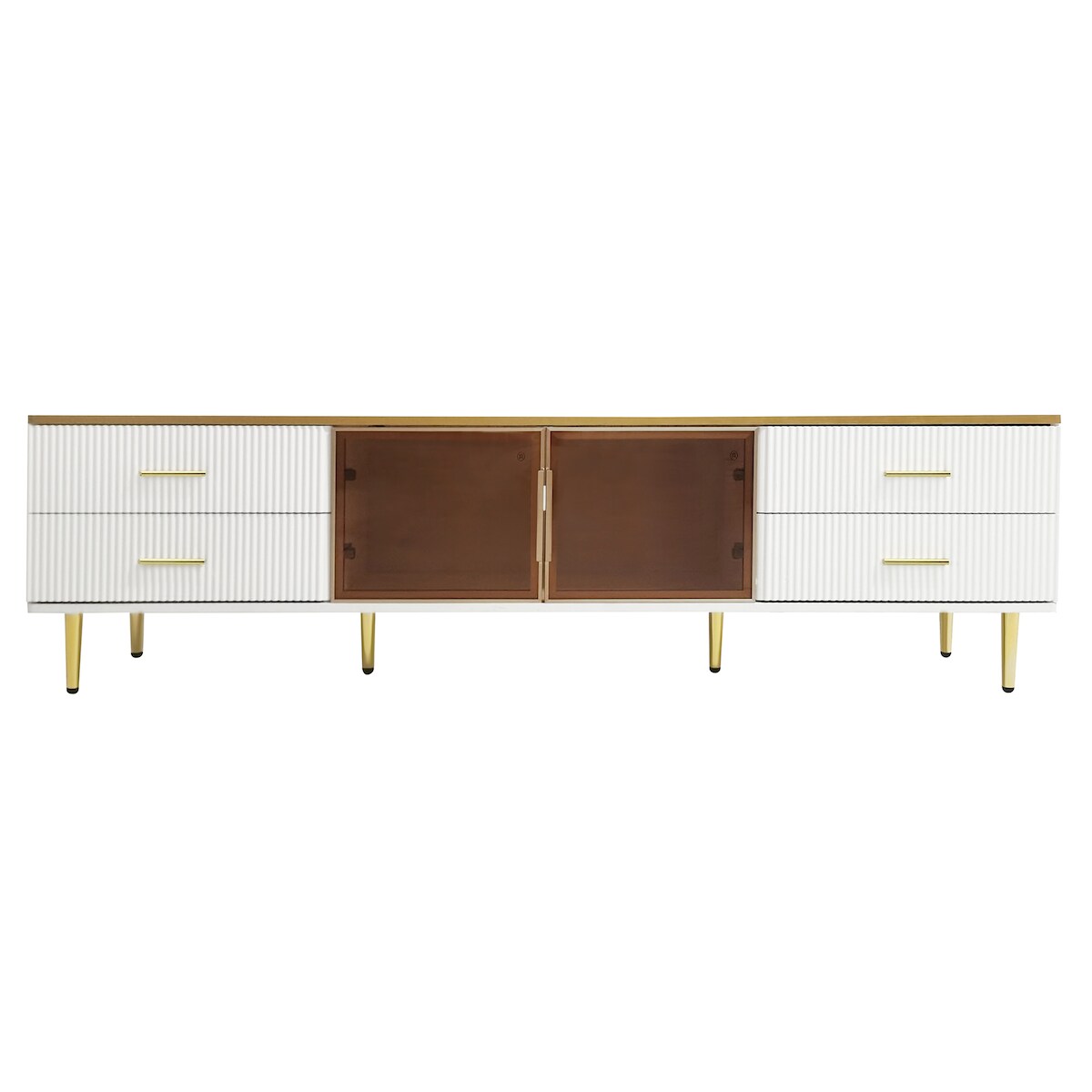 Merax TV Schrank in Mamoroptik, Fernsehschrank mit 4 Füßen, 4 Strukturierte Schubladen mit Goldenen Griffen Image