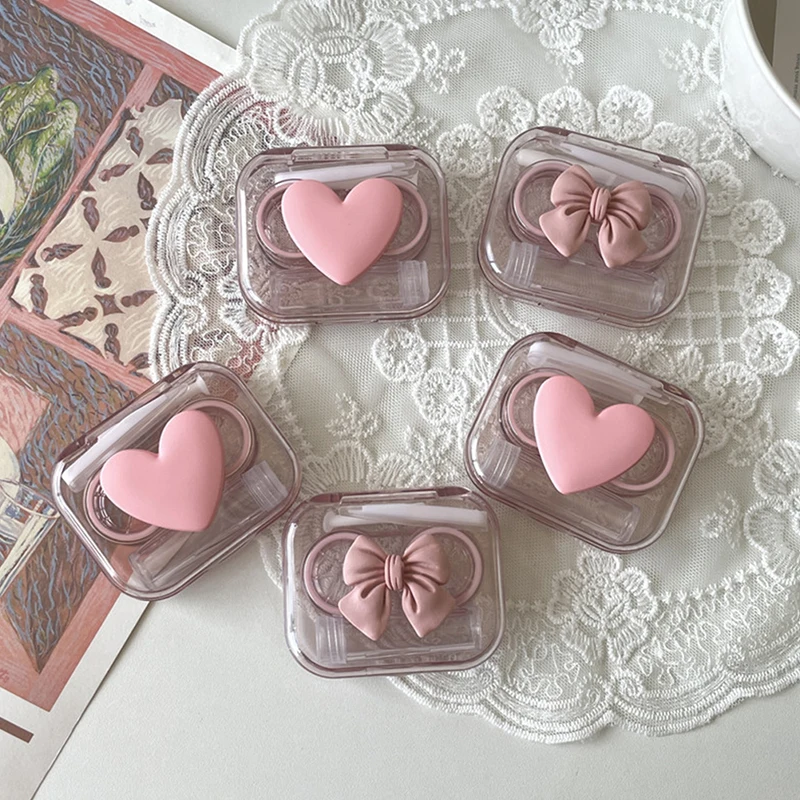 Kontaktlinsen Fälle rosa transparente Liebe Bogen Kontaktlinsen Fall Mädchen tragbare Schönheit Pupille Box Lagerung Augen pflege Container Box Image