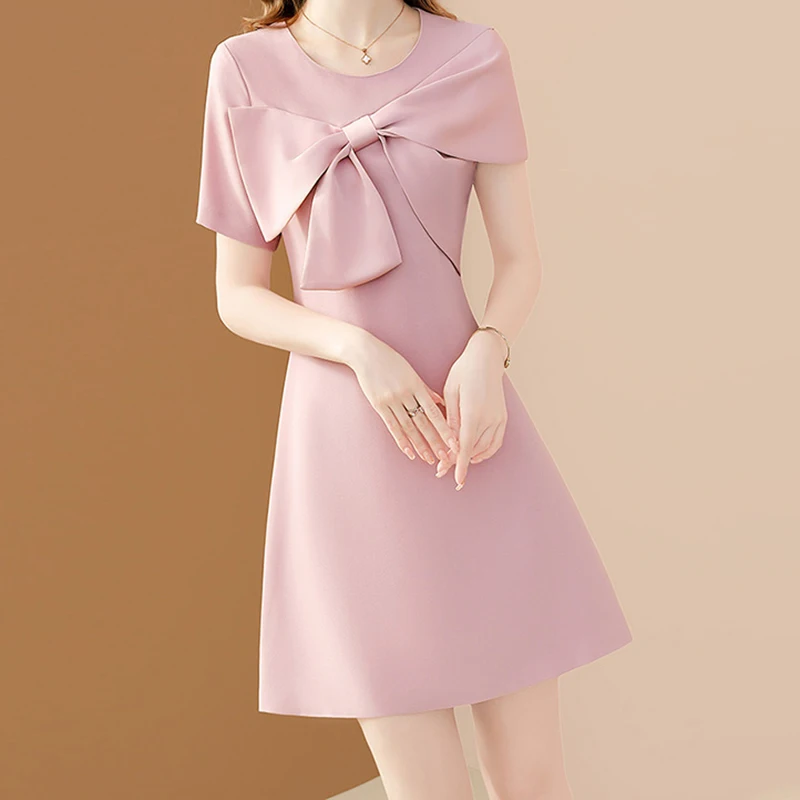 Evnisi Sommer Frauen Chic Bowknot Kleid O-Ausschnitt Schmetterling Ärmel elegante schlanke Büro A-Linie Kleider Frauen rosa süße Vestido