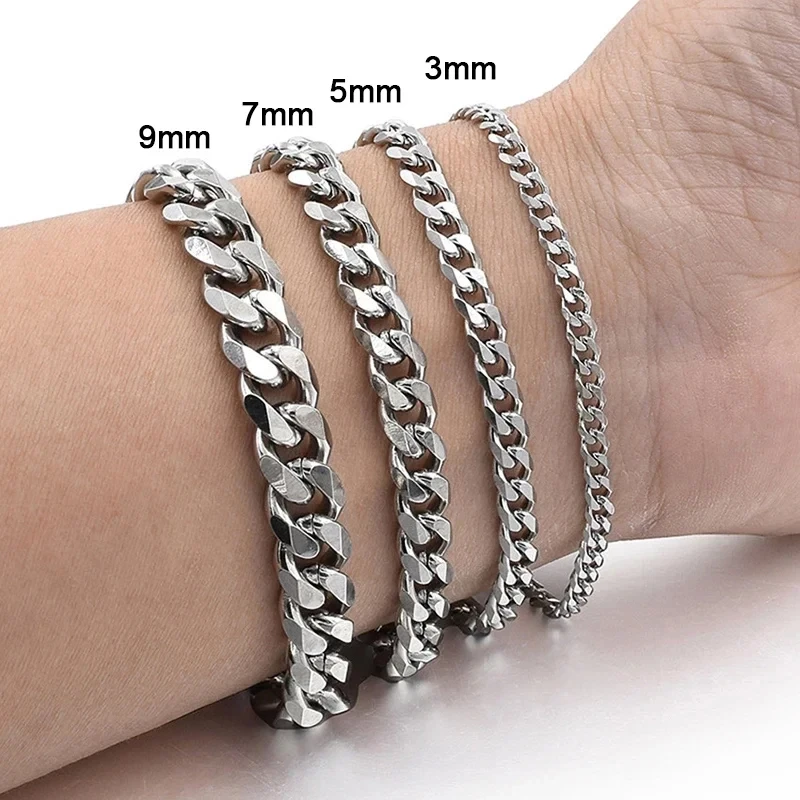 Neue Trendy Kubanische Kette Männer Armband Klassische Edelstahl 3/5/7/9mm Breite kette Armband Für Männer Frauen Schmuck Geschenk Image