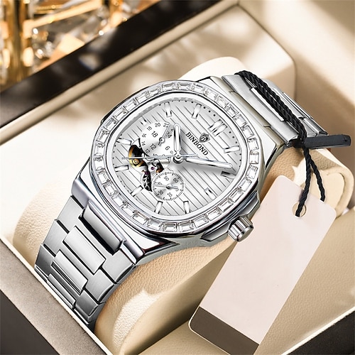 BINBOND Herren Mechanische Uhr Kreative Mode Geschäftsarmbanduhr Automatische Selbstaufzugs-Lumineszenz Kalender Wasserdicht Stahl Leder Uhr Image