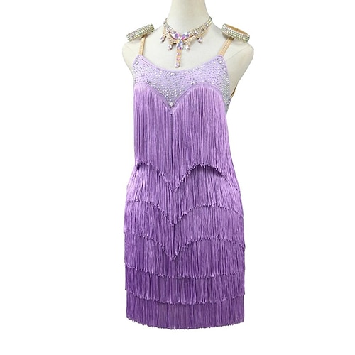 Latein-Tanzkleid mit Strass-Quaste für Damen, ärmellos, für Rumba, Salsa, Chacha, Bühnenkostüm Image