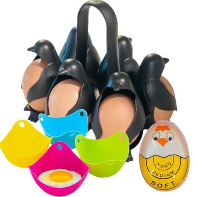 Penguin Egg Cooker, Egg Timer, & 4 Egg Poachers - Egg Holder Boiling Rack - Perfect for Easy Soft or Hard Boiled & Poached Eggs