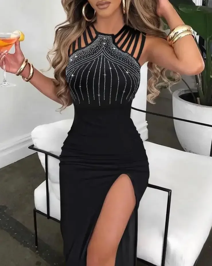Abito sexy da donna con decorazioni in strass Elegante moda multi-cinghia con spacco alto o-collo senza maniche maxi abito da festa femminile attillato