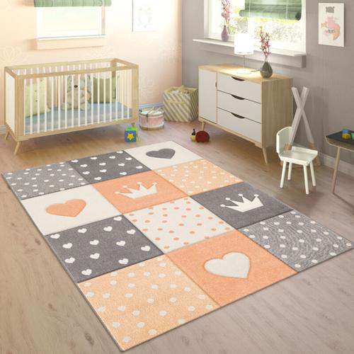 Teppich Kinderzimmer Kinderteppich Mädchen Jungen Mit Karo-Design In Orange Grau 133 cm Quadrat