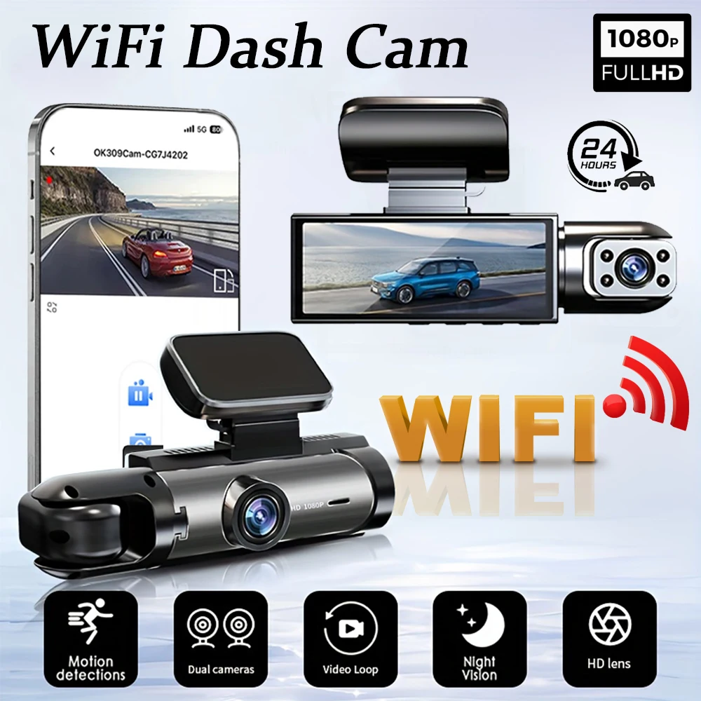 Caméra de tableau de bord double WiFi 1080P pour voitures caméra de voiture avant et intérieure avec enregistrement en boucle de Vision nocturne IR outil DVR de voiture grand angle