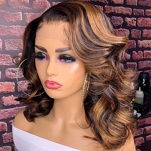 Unverarbeitetes reines Haar 13x6 Verschluss 13x4 Spitzenfront Perücke Kurzer Bob Brasilianisches Haar Große Wellen Wellen Mehrfarbig Perücke 130% 150% 180% Haardichte mit Babyhaar Strähnchen Image