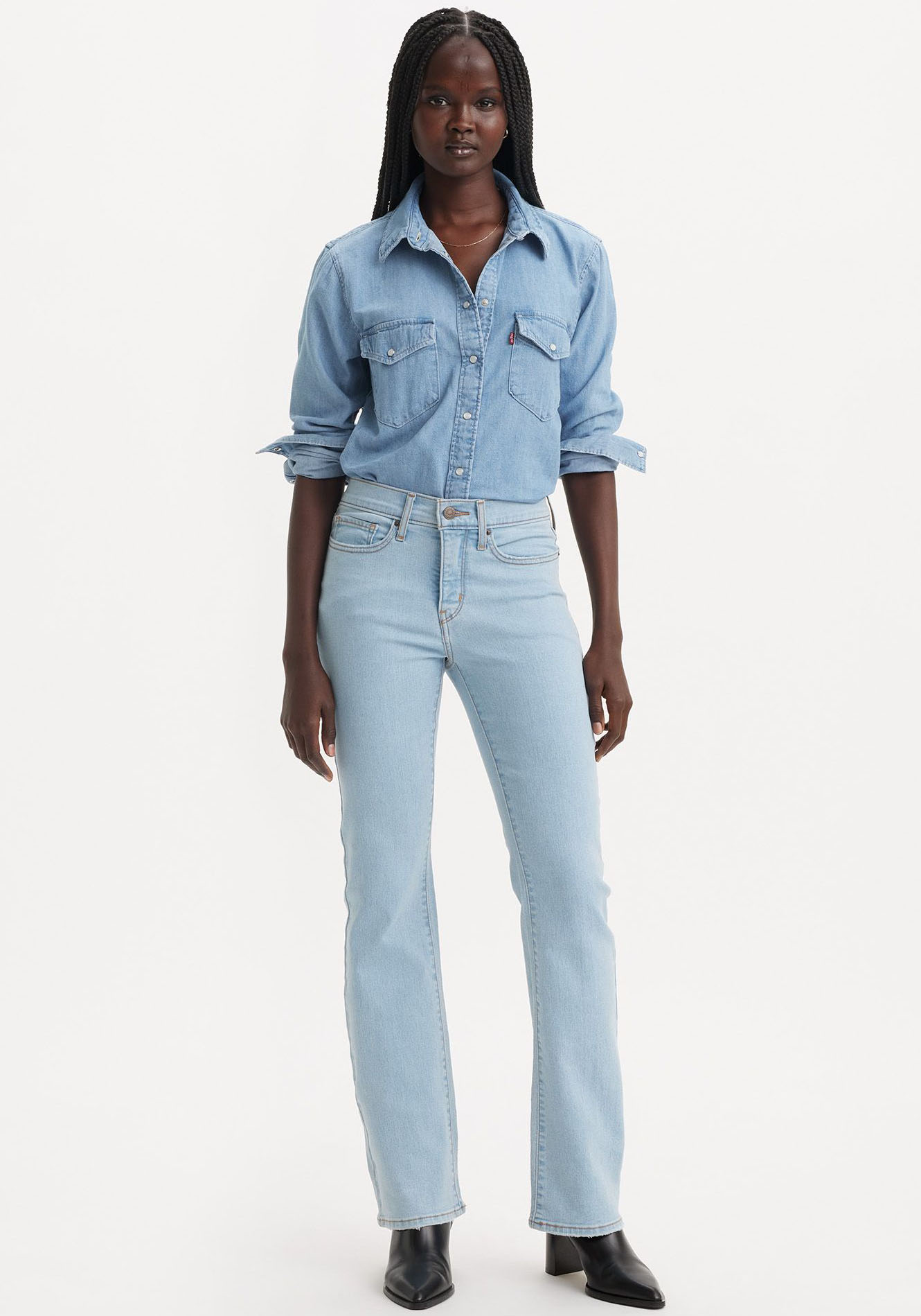 Bootcut-Jeans LEVI'S "315 Shaping Boot", Damen, Gr. 32, Länge 34, blau (different route), Denim/Jeans, Obermaterial: 80% Baumwolle, 19% Polyester, 1% Elasthan, lang, Jeans