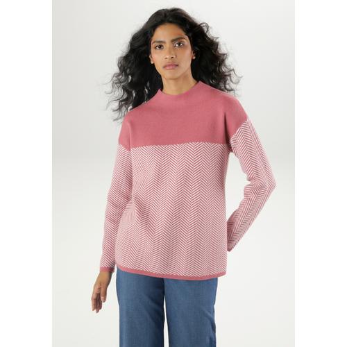 Strickpullover ANISTON SELECTED Gr. 42, rosa (rosenholz-offwhite) Damen Pullover mit weiterem Stehkragen