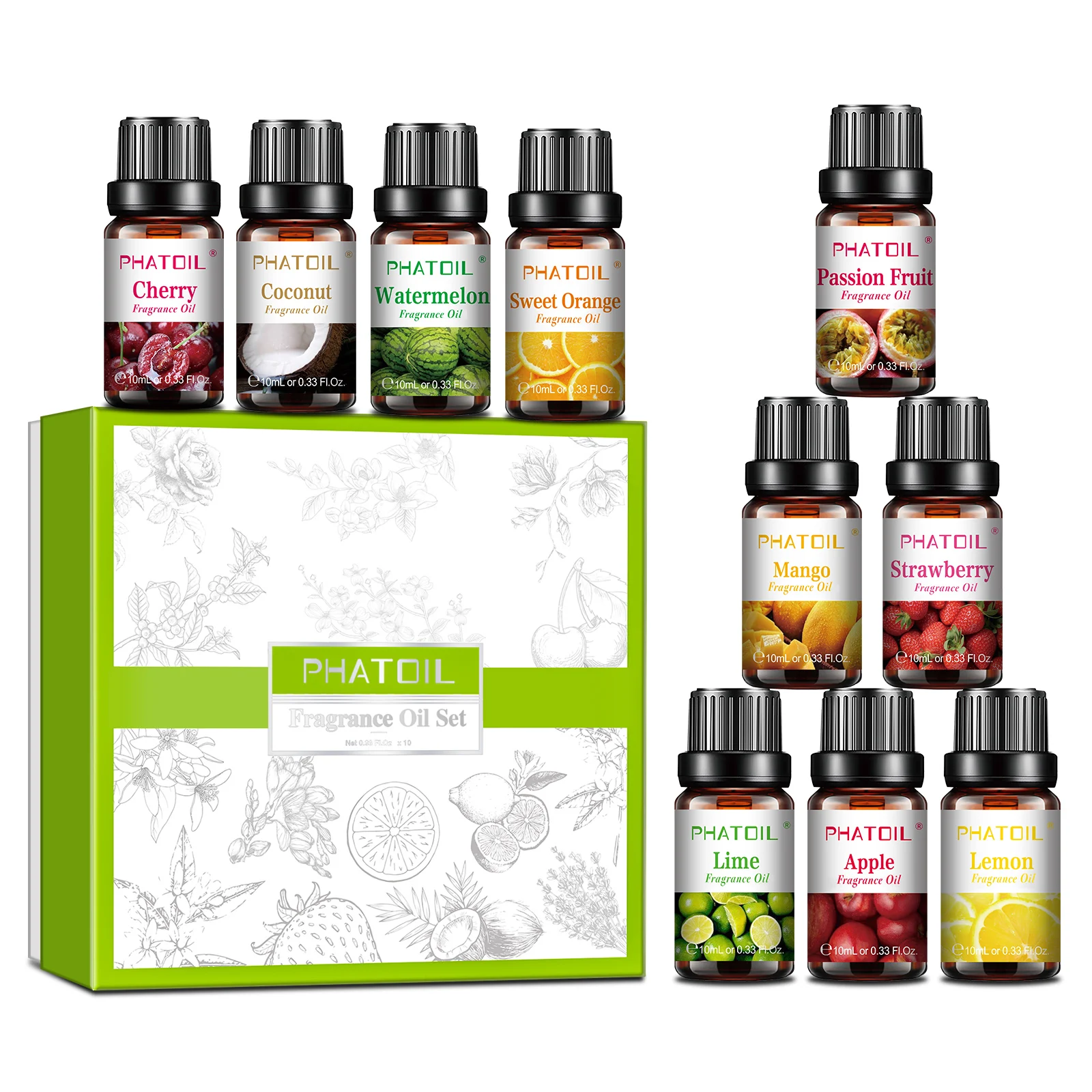 10 stücke Frucht Duftöle Set Erdbeer Mango Kokosnuss Kirsche Zitrone Apfel öl Geschenk box Set für Diffusor Kerzen seife machen Image