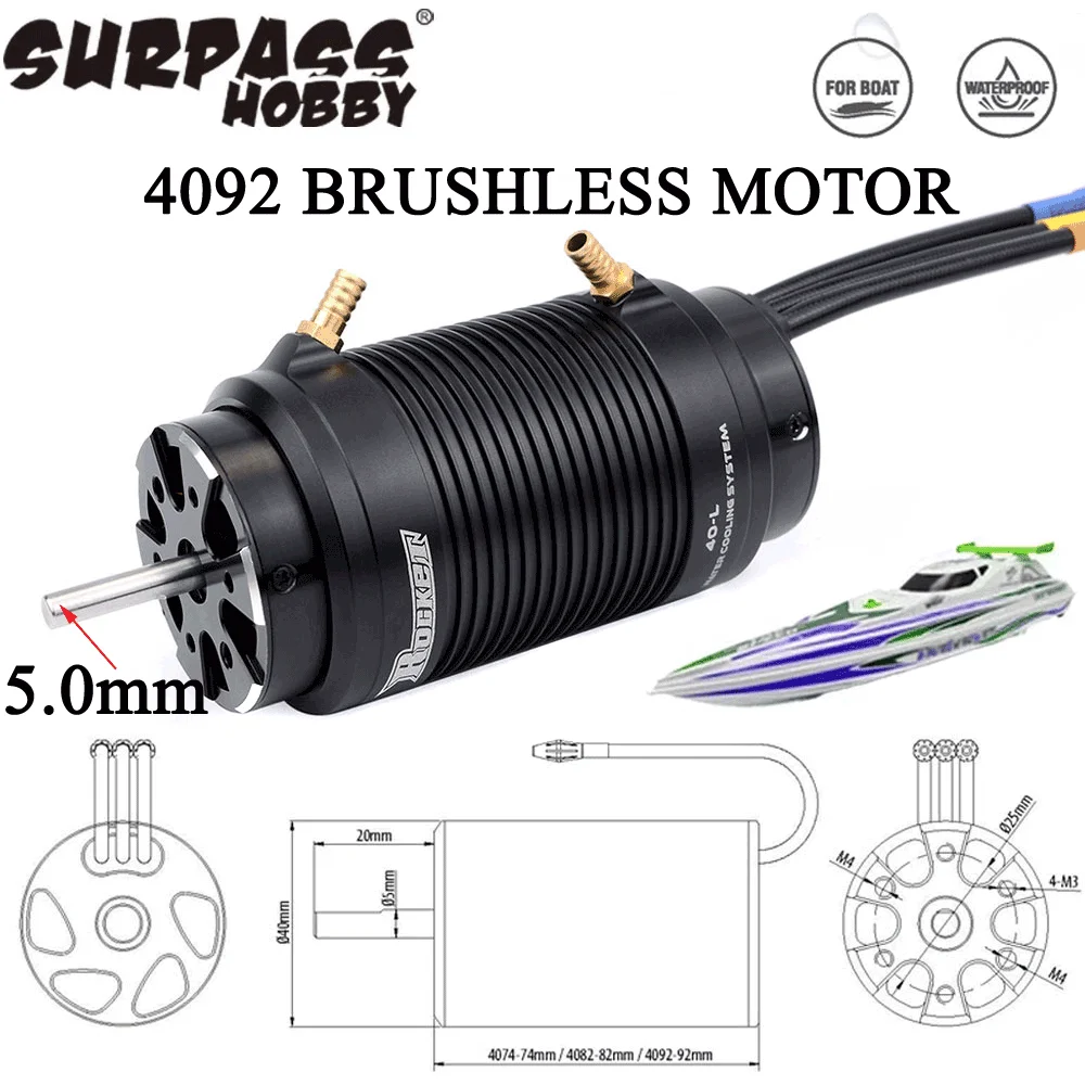SURPASS HOBBY Rocket-RC 4092 1520KV 1250KV Bürstenloser Motor Wasserkühlmantel 5,0 mm Welle für 1000 mm (oder oben) RC-Bootsauto