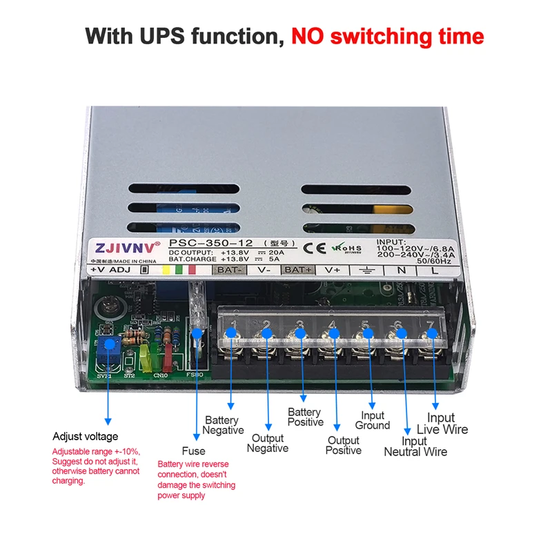 350 W Lade-LED unterbrechungsfreie Stromversorgung USV-Eingang 110/220 VAC Ausgang 12 V/24 VDC Schaltnetzteil PSC-350 Zum Laden Image