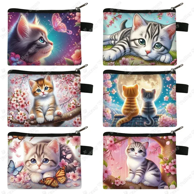 Katze Kirschblüte Münze Geldbörsen niedlichen Sakura Kätzchen Kreditkarten inhaber Kinder Münze Geld Tasche Brieftasche Beutel Kopfhörer Aufbewahrung taschen Image