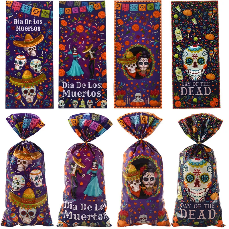 50 Stück mexikanischer Tag des toten Themas Süßigkeiten Keks taschen Schädel opp Geschenk verpackungs taschen für Geburtstag Halloween Party Dekoration Image