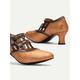 Women's Elegant Vintage Gatsby T-Strap Mid-Heel Pumps-Bronze Mary Jane Shoes with Floral Button for Oktoberfest, Formal, and Casual Wear