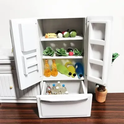 1/12 Dollhouse Miniature Kitchen White Wooden Fridge Refrigerator Freezer for Dolls Bedroom Living