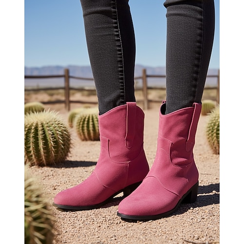 braune Westernstiefeletten aus Wildlederimitat für Damen – Cowboystiefel im Vintage-Stil mit niedrigem Absatz für lässige Outfits Image