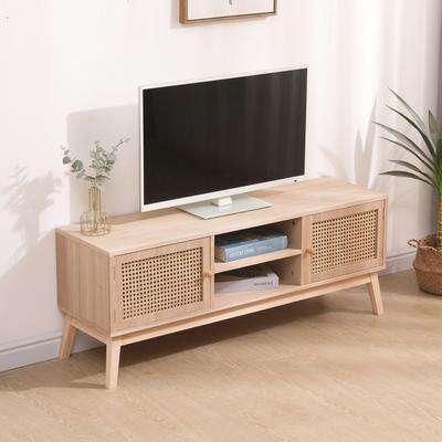 Natural 55 Inch TV, Entertainment Center with Adjustable Shelf,Real Rattan TV Console with 2 Cabinets 2 Cord Holes