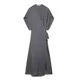 Willshela Women Fashion Grey Pleated Lace Up Front Slit Midi Dress Vintage V-Neck Short Sleeves