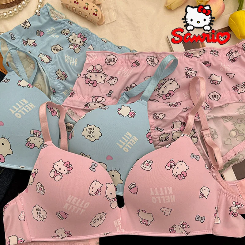 Sanrio Hello Kitty femmes sous-vêtements Sexy soutien-gorge culotte ensemble dessin animé sans fil Push Up sous-vêtements femme respirant froncé soutien-gorge cadeaux
