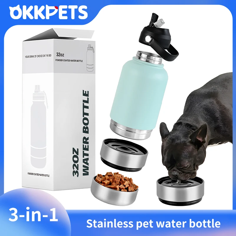 OKKPETS Bouteille d'eau portable 3 en 1 pour animaux de compagnie 32 oz, distributeur de nourriture en acier inoxydable, voyage en plein air, bol multifonction 34 oz, bol à nourriture pour chien
