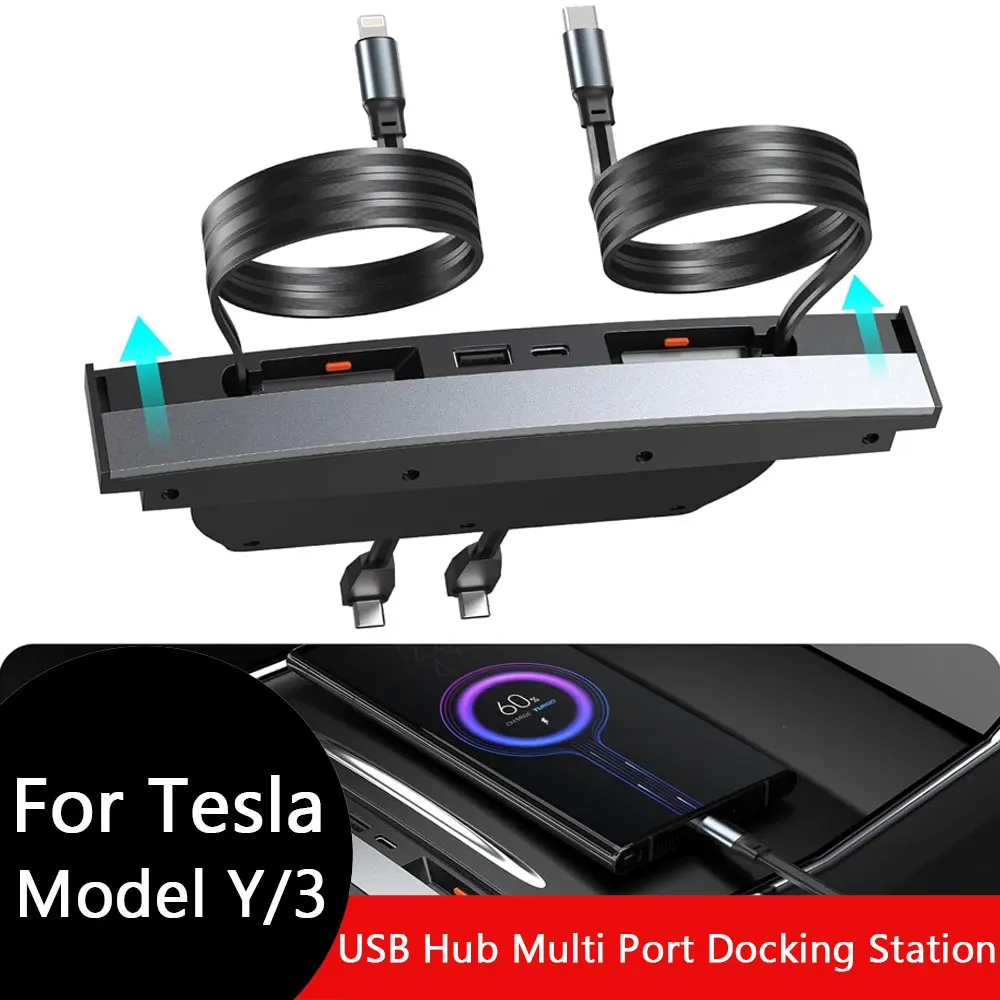 Auto-USB-Hub für Tesla USB-Hub, Multi-Port für Tesla Model 3/Y, multifunktionales Tesla-Zubehör, Anti-Staub-Schiebedeckel, einziehbar Image