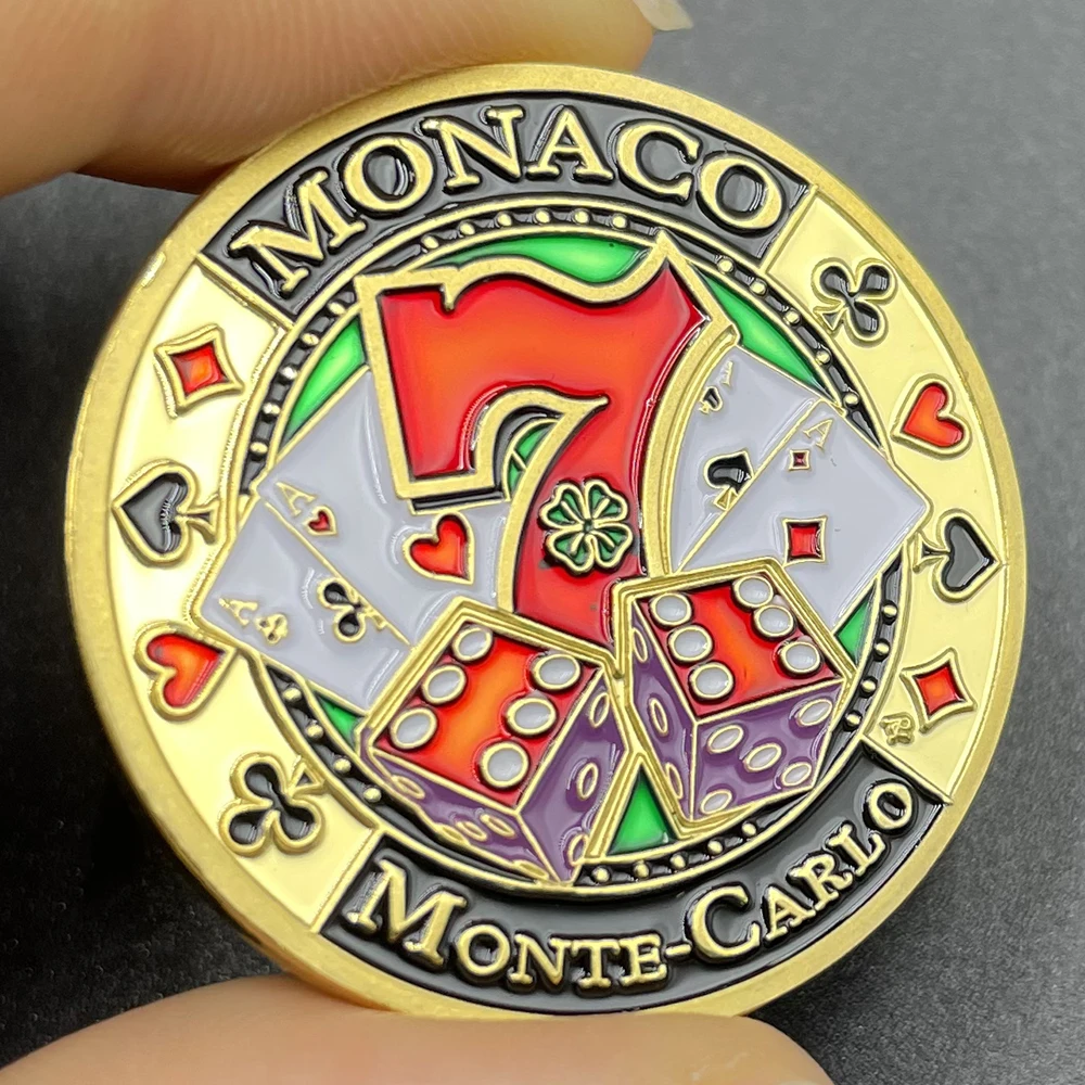 Monaco Monte-Carlo Casino Goldmünze, Pokermuster, Nummer 7, Lukcy-Medaille, Farbe, Galvanisierung, Herausforderungsmünze in Kapseln Image