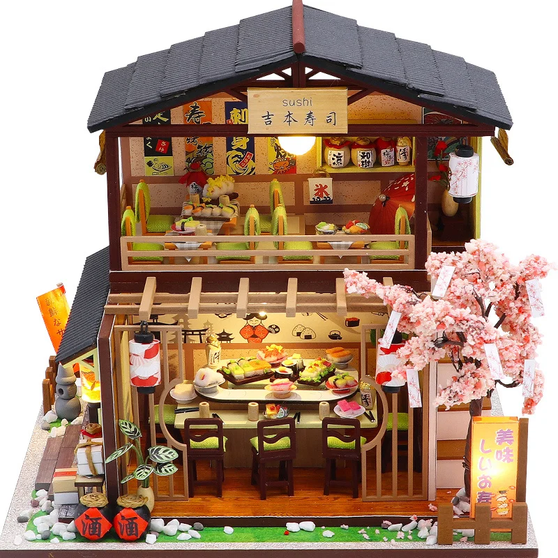 DIY Holz Miniatur Modellbausatz Japanischer Sushi Store Casa Puppenhäuser 3D Puzzle Puppenhaus mit Möbelbeleuchtung für Freunde Geschenke