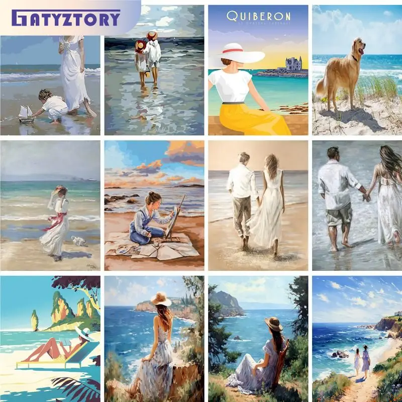 Gatyztoire – Kit de peinture par numéros 60x75cm, avec cadre, figurine de plage pour filles, image par numéros, peintures acryliques, bricolage artisanal pour décoration de maison