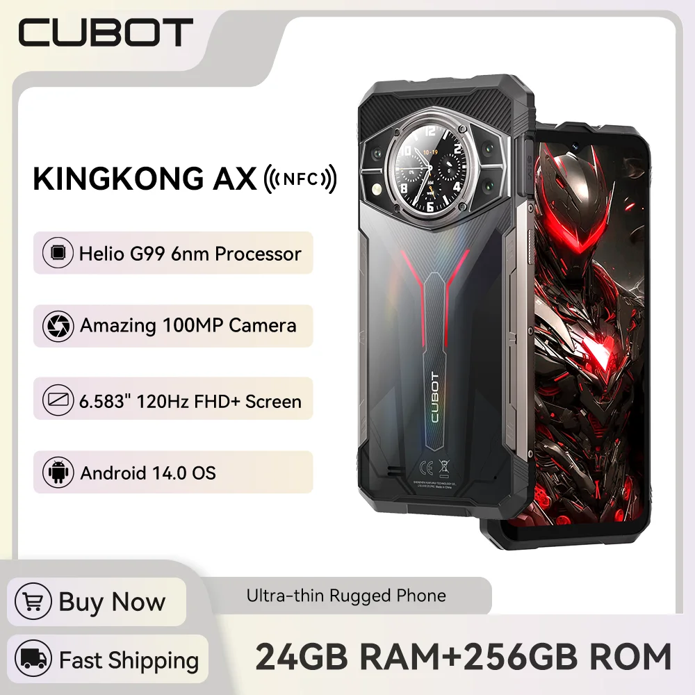 Cubot King Kong AX, Smartphone Android ultra-mince et robuste, Helio G99, 24GB RAM, 256GB ROM, 120Hz Display, 100MP, NFC,Dual Screens