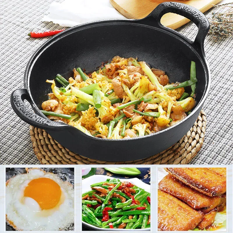 Casserole Wok en fonte non revêtue et antiarina, marmite de cuisine, poêle en fonte, ustensiles de cuisine, poêle à frire