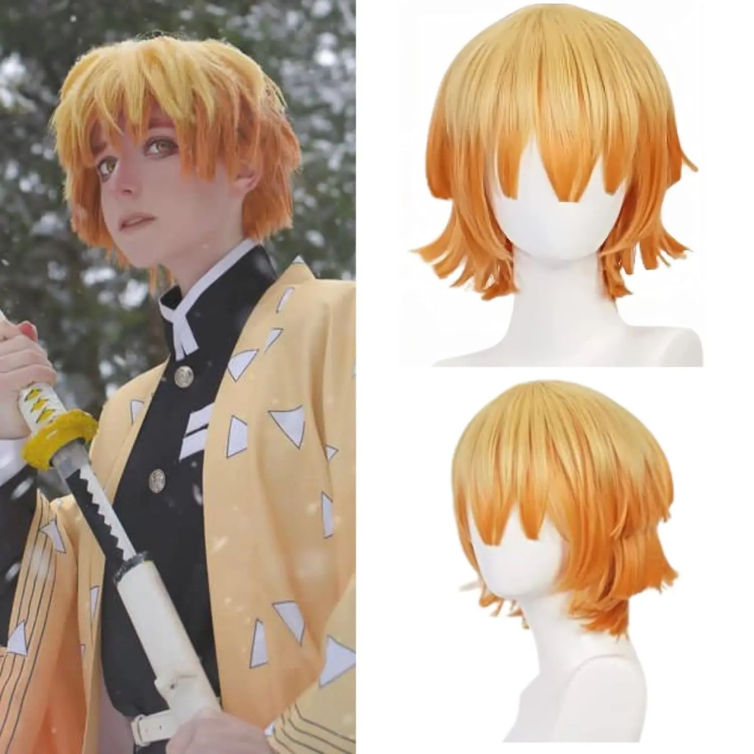 Zenitsu perruque courte jaune perruque pour Demon Slayer Cosplay Orange Ombre perruque Cosplay perruque pour perruque synthétique pour Halloween fête Cosplay