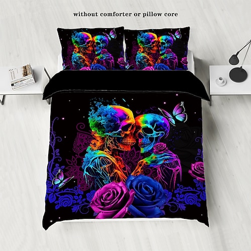 3-teiliges Bettwäscheset mit coolem Gothic-Totenkopf-Blumendruck – einzigartiges und künstlerisches Design – enthält Bettbezug und Kissenbezüge – weicher und strapazierfähiger Stoff – perfekt, um Image