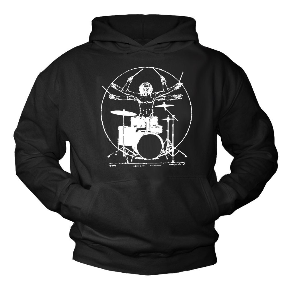 Vintage Kapuzenpullover Herrren Schwarz Da Vinci Drummer Musiker Geschenke Hoodie Größe S-XXXXL